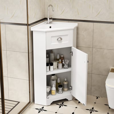 Badkamerkast - Staand - met Keramische Wastafel - Waterbestendig en Metalen Greep - MDF - Wit