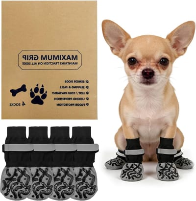 Niet-slip honden sokken met verstelbare banden - 2 paar honden schoenen voor binnen, bescherming voor pootjes op harde vloeren (Zwart, XS)