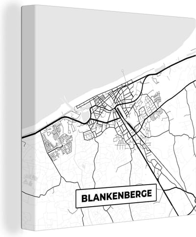 Canvas Schilderij Stadskaart – Plattegrond – België – Zwart Wit – Blankenberge – Kaart - 20x20 cm - Wanddecoratie
