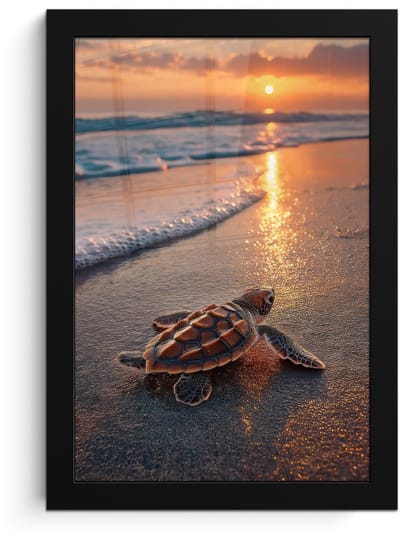 Poster in lijst - Fotolijst 20x30 cm - Posters - Schildpad - strand - Zonsondergang - Posterlijst zwart - Decoratie - Wanddecoratie woonkamer - Muurdecoratie slaapkamer