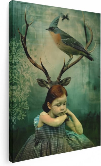 Artaza Canvas Schilderij Meisje Met Hertengewei - 60x80 cm - Wanddecoratie Vogel - Muurdecoratie Fantasie Portret - Schilderijen Op Canvas