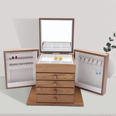 Sieradenkist - Opberger Organizer - Sieraden Opbergen - Met Ingebouwde Spiegel - 30 x 20 x 25 cm - Lichtbruin