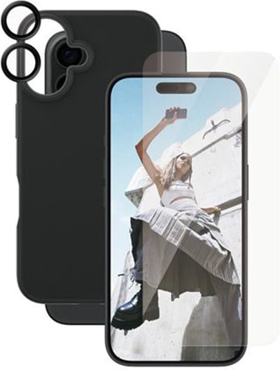 PanzerGlass, Geschikt voor Apple iPhone 16 Beschermer Bundel 3-in-1 Ultra-Wijd Pasvorm Stijlvol, Doorzichtig zwart