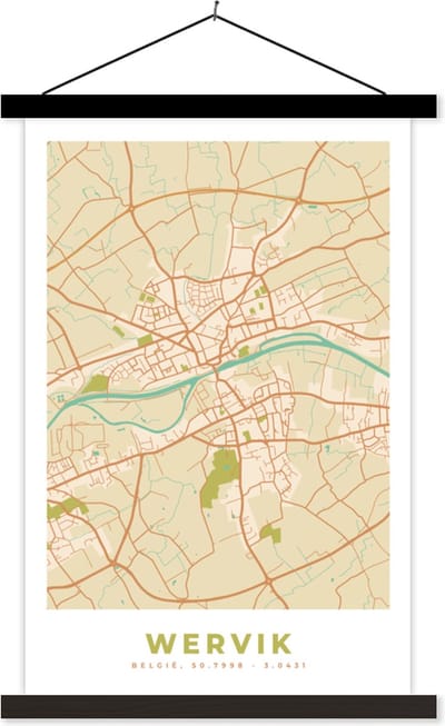 Posterhanger incl. Poster 40x60 cm - Schoolplaat - Stadskaart - Plattegrond - Vintage - Wervik - Kaart - Textielposter - Zwarte latten - Stadskaart