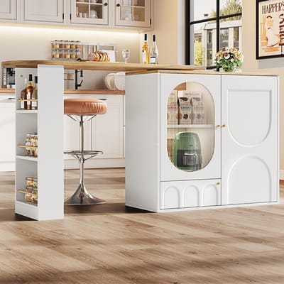 KOMHTOM - 360° Draaibare Bartafel - Hoge Tafel - Barkast met Opbergruimte - Drie Deuren met Planken - Verwijderbare Scheidingswanden - Wit/Zwart