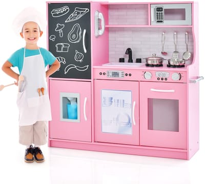COSTWAY Kinderkeuken met 10 speelaccessoires, speelkeuken voor kinderen met bord, speelgoedkeuken met magnetron, ijsmachine, vaatwasser en oven, houten keuken voor kinderen vanaf 3 jaar (roze)