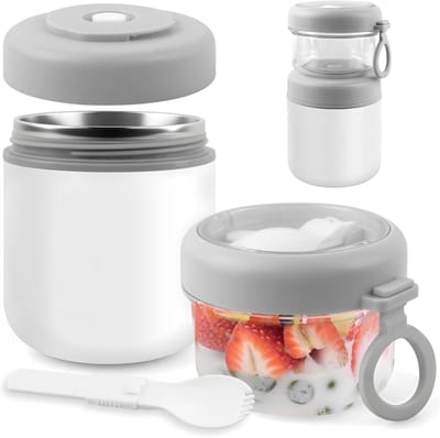 Famanu – Grote roestvrijstalen mueslibeker om mee te nemen - yoghurtbeker to go met lepel - 530 ml + 330 ml - draagbaar - lekvrij - geschikt voor ontbijt - werk - picknick - wit