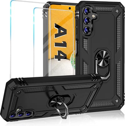 Casemania Hoesje Geschikt voor Samsung Galaxy A14 Zwart & 2X Glazen Screenprotector - Anti-Shock Hybrid Armor Back Cover - Hoes met Kickstand Ring