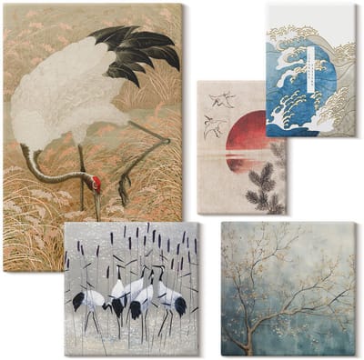 Wallfluent Set van canvas schilderijen - Stijlvolle schilderijen met natuur- en vogelmotieven Canvas Schilderijen Set - Set van 5 Canvas Schilderijen - Beige Set van Canvas Prints - Deel Canvas Kunst Set - Boheemse Canvas Kunst Set