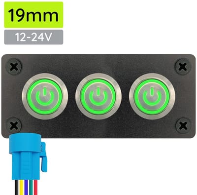 ProRide Metalen drukschakelaars in Drievoudig inbouwpaneel 12-24V ON-OFF - 19mm - IP67 - LED indicatie Groen