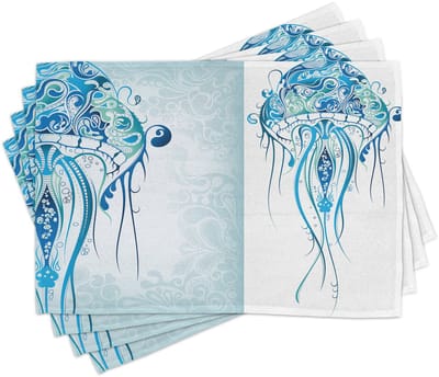 ABAKUHAUS Marine tafelmatten, oceaankwallen met Paisley-patroon, strandontwerp, visachtig drukontwerp, gemaakt van kleurvaste stof voor eetkamer en keuken, blauw en wit