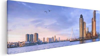 Artaza Canvas Schilderij Skyline - 60x20 cm - Wanddecoratie Rotterdam - Muurdecoratie Zonsondergang - Kamer Accessoires Stad