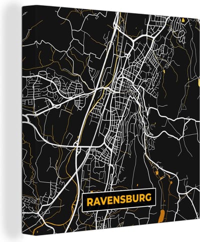 Canvas Schilderij Black and Gold – Stadskaart – Ravensburg – Duitsland – Plattegrond – Kaart - 20x20 cm - Wanddecoratie