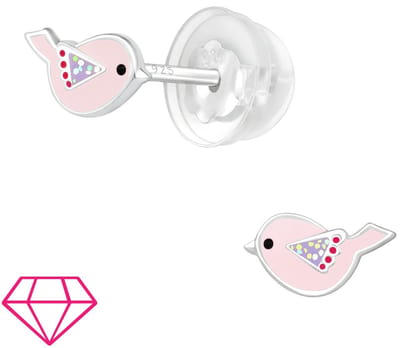 Joy|S - Zilveren vogeltje oorbellen - roze - 7 x 4 mm - kinderoorbellen - extra zacht sluiting (vlindersluiting met siliconen omhulsel)