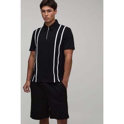 Regular Fit Polo & Jersey Short Set Met Rits En Strepen | Black | Size XS