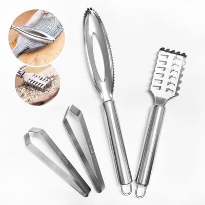 Set van 4 RVS Vis Schubben Verwijderaars en Visbeen Pincetten voor Professionele Keuken, Ideaal voor Vis Schoonmaken en Bereiden