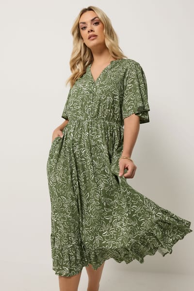 Yours Kaki Groene Midijurk Met Bloemenprint Size 54-56