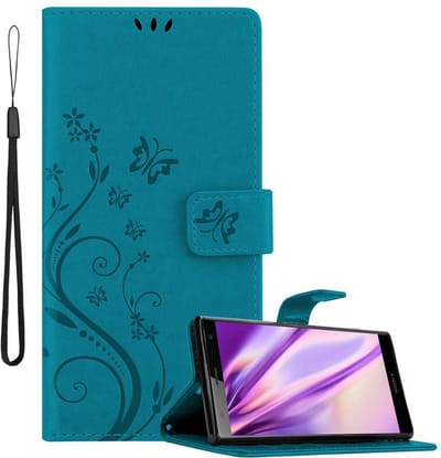 Cadorabo Hoesje geschikt voor Sony Xperia XZ2 in BLOEMEN BLAUW - Beschermhoes in bloemmotief met magnetische sluiting, standfunctie en kaartsleuven Book Case Cover Etui