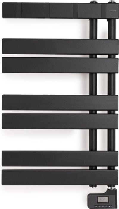 CREATE - Elektrische handdoekhouder voor aan de wand, Voorkomt vocht, Praktisch en gemakkelijk in het gebruik. 6 modi, Timer tot 24 uur, met hangers, 30ºC, Kleur Zwart - WARM TOWEL MODERN