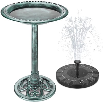 Vogelbad met 2,5 W fontein op zonne-energie, voederplaats, decoratie, drinkbak voor vogels, decoratie voor tuin, balkon, terras, bronskleurig, kunststof
