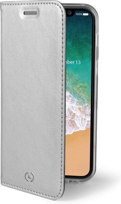 Celly Air Bookcase hoesje - Geschikt voor Apple iPhone X / Xs - Kunstleer - Pasjeshouder - Zilver