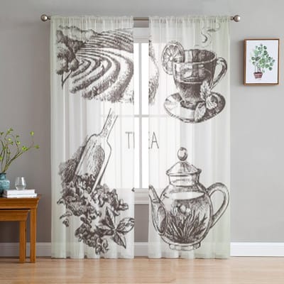 Schets Vector Theeservies Tule Gordijnen Voor Woonkamer Transparant Gordijn Slaapkamer Sluier Organza Decoratieve Raambekleding 135W x 114H(cm) white