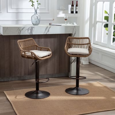 Rotan barkrukken set van 2 - In hoogte verstelbare barkruk - Met armleuning en rugleuning - 65-85cm - 360 graden draaibaar - Keuken Beige
