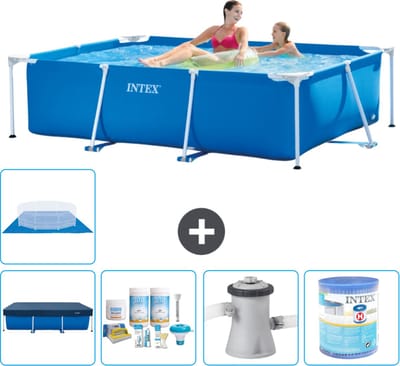 Intex Rechthoekig Frame Zwembad - 220 x 150 x 60 cm - Blauw - Inclusief Afdekzeil - Onderhoudspakket - Zwembadfilterpomp - Filter - Grondzeil - 6-delig