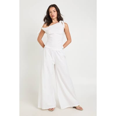 boohoo Dames Linnen Look Top Met Strikbandjes Op De Schouders & Extreem Wijde Pijpen Broek Co-ord | Ecru | Maat: 34
