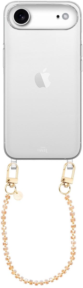 xoxo Wildhearts siliconen hoesje geschikt voor iPhone 17 Air hoesje - Crystal (Bruin) - Telefoonhoesje - Hoesje met koord - Kristal ketting - Kristallen met gouden details - kort telefoonkoord - Transparant hoesje