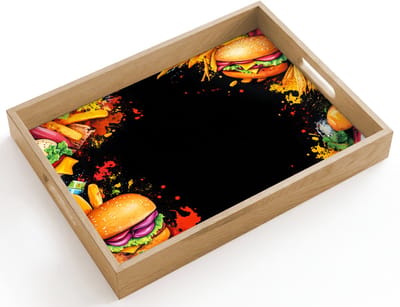 Dienblad hout 40x30 cm - Schootdienblad - Fastfood - Graffiti - Hamburger - Eten - Modern - Borrelplank rechthoek - Plateau dienbladen