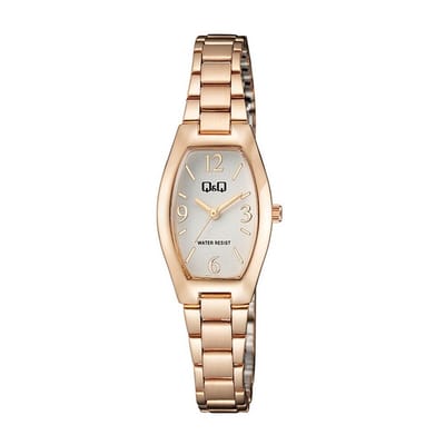 Q&Q Q06A-003PY - Horloge - Analoog - Vrouwen - Dames - Stalen band - Ovaal - Metaal - Cijfers - Streepjes - Rosékleurig - Wit