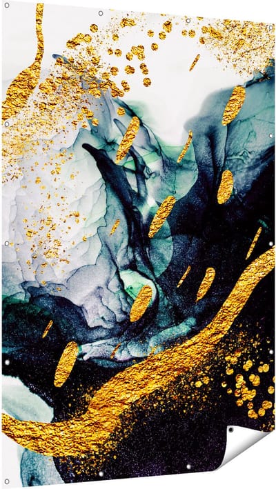 Gards Tuinposter Abstracte Kunst - Zwart Wit met Gouden Strepen - 120x180 cm - Tuindoek - Tuindecoratie - Wanddecoratie buiten - Tuinschilderij