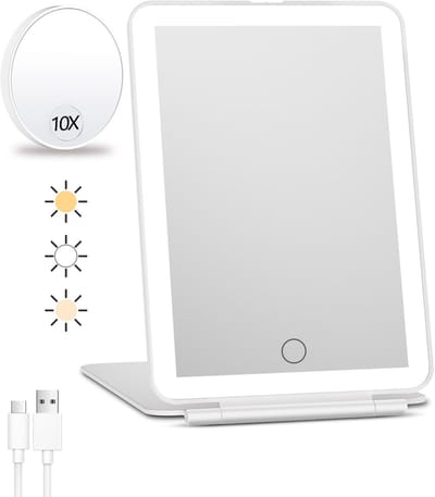 QTTVBTNA -Oplaadbare Make-up Spiegel – Draagbare LED Reisspiegel met 10x Vergroting – 3 Lichtkleuren & 1000mAh Batterij – Ultradunne Kosmetische Spiegel