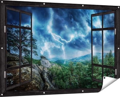 Gards Tuinposter Doorkijk Onweer in het Bos - Bliksem - 150x100 cm - Tuindoek - Tuindecoratie - Wanddecoratie buiten - Tuinschilderij