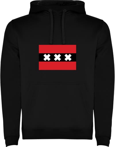 Zwarte Hoodie Amsterdam - de enige Echte Vlag van Amsterdam - drie keer kruis - Stoer Maat M