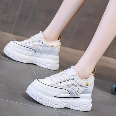 Chaussures à Talonnettes en Cuir Véritable pour Femmes Printemps Nouvelles Chaussures à Plateforme Rehaussées Chaussures de Sport Décontractées pour Femmes Chaussures en Toile 37 gray