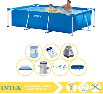 Intex Rechthoekig Frame Zwembad - 260 x 160 x 65 cm - Blauw - Inclusief Afdekzeil - Zwembadfilterpomp - Filter - Grondzeil - Schoonmaakset - Zoutwatersysteem - Zwembadzout - 8-delig