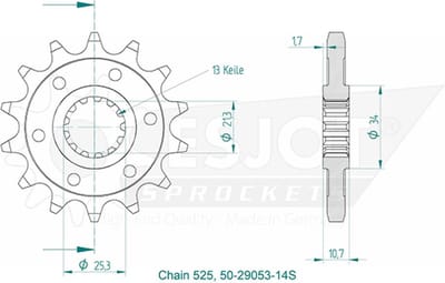 Pignon de sortie de boite Esjot pour Moto Benelli 500 TRK 502 ABS EURO4 2017 à 2019 14 dents pas 525 Neuf