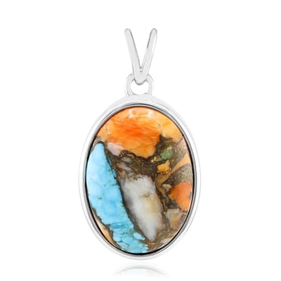 Cavill - Geplateerde 925 Sterling Zilver Hanger - Oranje Turquoise Mozaïek 12,026 ct - Ovale Cabochon - Elegante Handgemaakte Sieraad