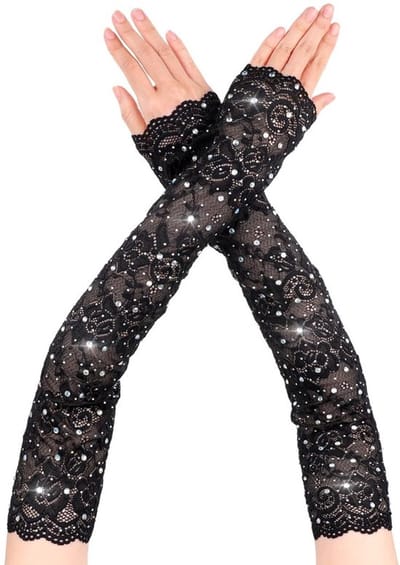 Kanthandschoenen Lange Vingerloos - Kanten Handschoenen - Strass Steentjes - Formele Kant - Bruids-/Trouwhandschoenen - 45x10cm - Bruidshandschoenen