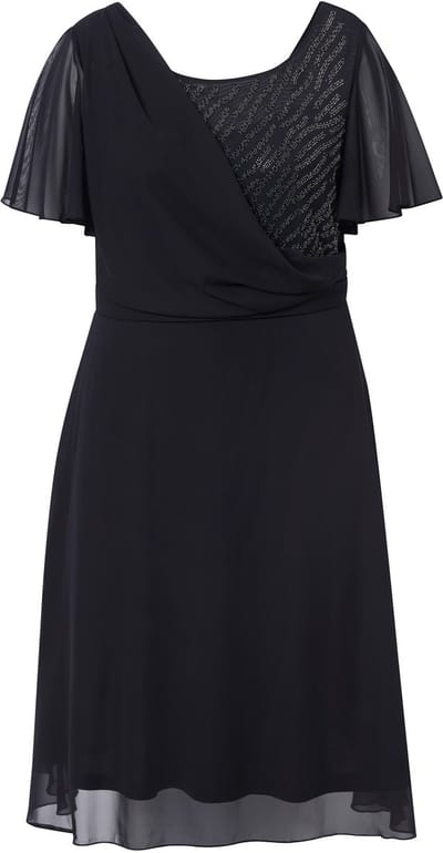 Ulla Popken - Dames - Midi-avondjurk chiffon gedrapeerd - Zwart - Maat 56