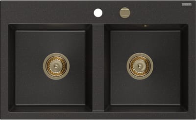 Mexen Hektor granieten spoelbak 2-kamer 800 x 480 , zwart/goud metallic, gouden sifon - 6521802000-75-G