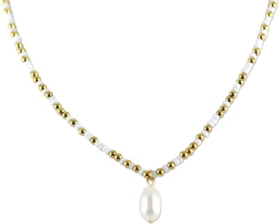 CO88 Collection 8CN-26301 Stalen Ketting met Kralen - Dames - Goudkleurig - 3 mm - wit - 2,5 mm - Parel - 12 x 7,5 mm - Lengte 38 + 7 cm