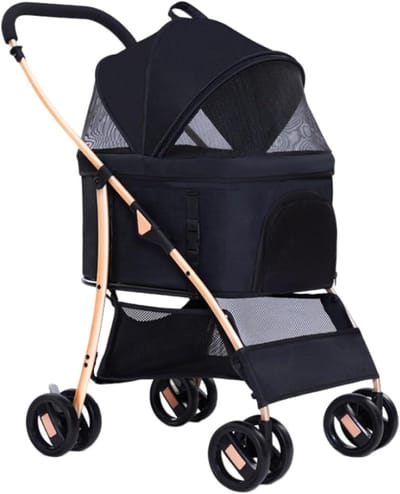 Huisdieren Wandelwagen - Dierenbuggy - Comfortabel Reizen - Opvouwbaar Lichtgewicht - Tot 15kg - Zwart