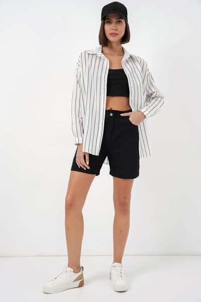 Gestructureerde Gestreepte Oversized Shirt met Knopsluiting