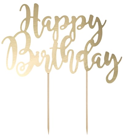 PARTYDECO - Taarttopper van karton "Happy Birthday" goud metallic 22,5 cm voor chique decoratie
