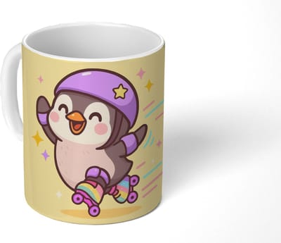Mok - Koffiemok - Pinguïn - Rolschaatsen - Geel - Energiek - Mokken - 350 ML - Beker - Koffiemokken - Theemok
