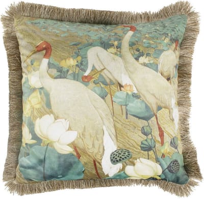 Sierkussen kraanvogels fluweel met gouden franjes 45x45 cm