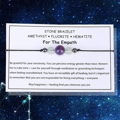 Bixorp Cadeau Armband voor Empaten- "For the Empath" - Edelsteen Armbandje op kaartje - Amethist, Fluoriet & Hematiet